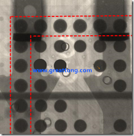 BGA錫球尺寸小于0.4mm，采用降低BGA內(nèi)圍襲球的錫膏量所得到X-Ray，稍微留意一下可以發(fā)現(xiàn)最外圈的錫量(圓的直徑)比其他內(nèi)圍的錫球上的錫量來(lái)得多一點(diǎn)點(diǎn)。也就是外圈的黑色圓形直徑比內(nèi)圈的圓形來(lái)得大一點(diǎn)點(diǎn)。