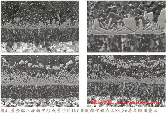 下面四張圖片為放大4500倍的SEM圖像，說明在回流焊爐熱量不足的情況下，黃金成份正要從鎳層分離融入焊錫之中的瞬間，當(dāng)零件遭受外力沖擊的時(shí)候就極有可能從這一整排AuSn、、AuSn2或AuSn4的IMC處裂開。