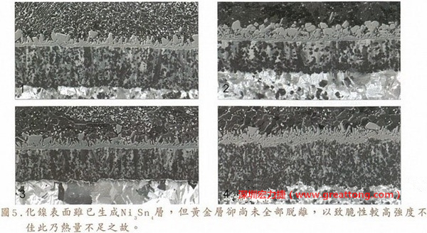 下面四圖顯示，當(dāng)焊接的熱量不足或未持續(xù)時(shí)，雖然Ni3Sn4的薄薄IMC層已經(jīng)生成而焊牢，但也會(huì)因?yàn)锳uSn及AuSn2還未來得及逸走，而停留在共金介面附近，當(dāng)有外力拉扯的時(shí)候，就很容易斷裂開來。這就是為何ENIG的焊點(diǎn)強(qiáng)度，始終不如銅面焊點(diǎn)(Cu6Sn5)來得更為牢固的主因之一。