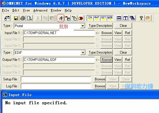 輸出文件類型(Type)選 EDIF。Output File 1 指定輸出文件的文件名和路徑。然后點擊 Run(跑動的小人)。