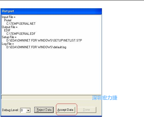 系統彈出一個輸出窗口，點擊 Accept Data。完成后點擊“確定”，再點擊“Done”關閉輸出窗口。退出 Omninet for Windows。