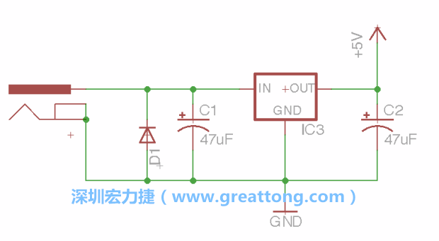 新增RBBB→Power_Jack，將它放在電壓調(diào)整器的輸入端旁邊。