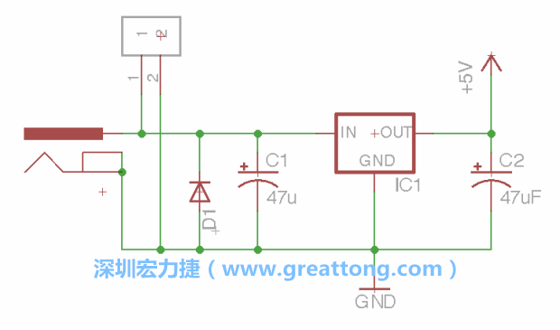 2.5.    新增一個二極體，它會以水平的狀態(tài)出現(xiàn)在屏幕上，請使用「旋轉(zhuǎn)（Rotate）」工具把它負(fù)極那一面朝上，并且用「網(wǎng)絡(luò)連接」工具將它連接在電壓調(diào)整器的輸入端和接地端之間。