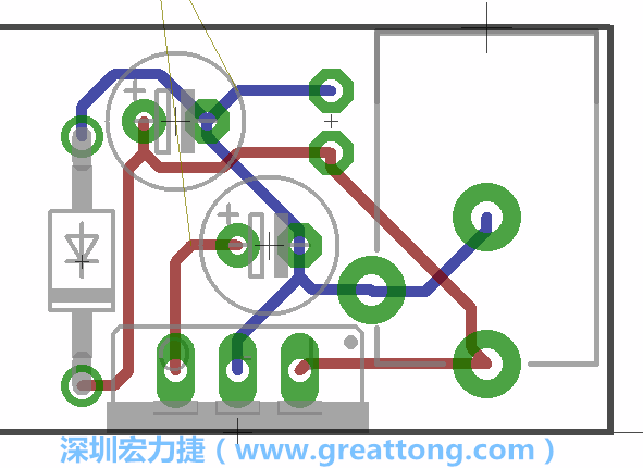 接地連結點的布線情形如下圖所示，利用這個練習來避免電路連線銳角化的產(chǎn)生是一個不錯的選擇，你可以在工具列中的彎曲線路（Wire Bend）選項里改變各種布線的變化。