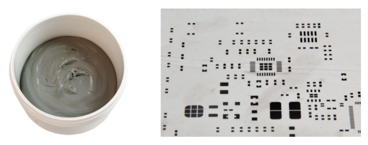 焊膏（左），PCB模板激光切割孔（右）